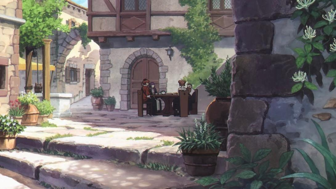 Eine Illustration einer europäischen Dorfszene. Menschen sitzen an einem Tisch vor einem Gebäude.