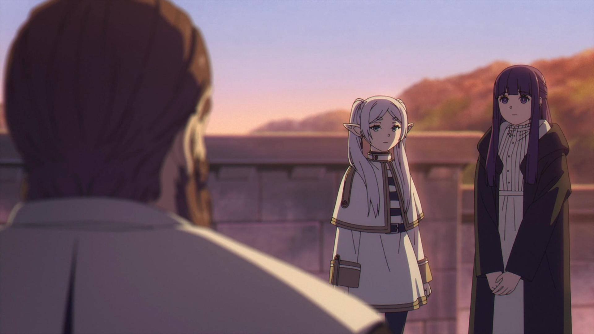 Anime-Charaktere stehen draußen und betrachten einen Mann.