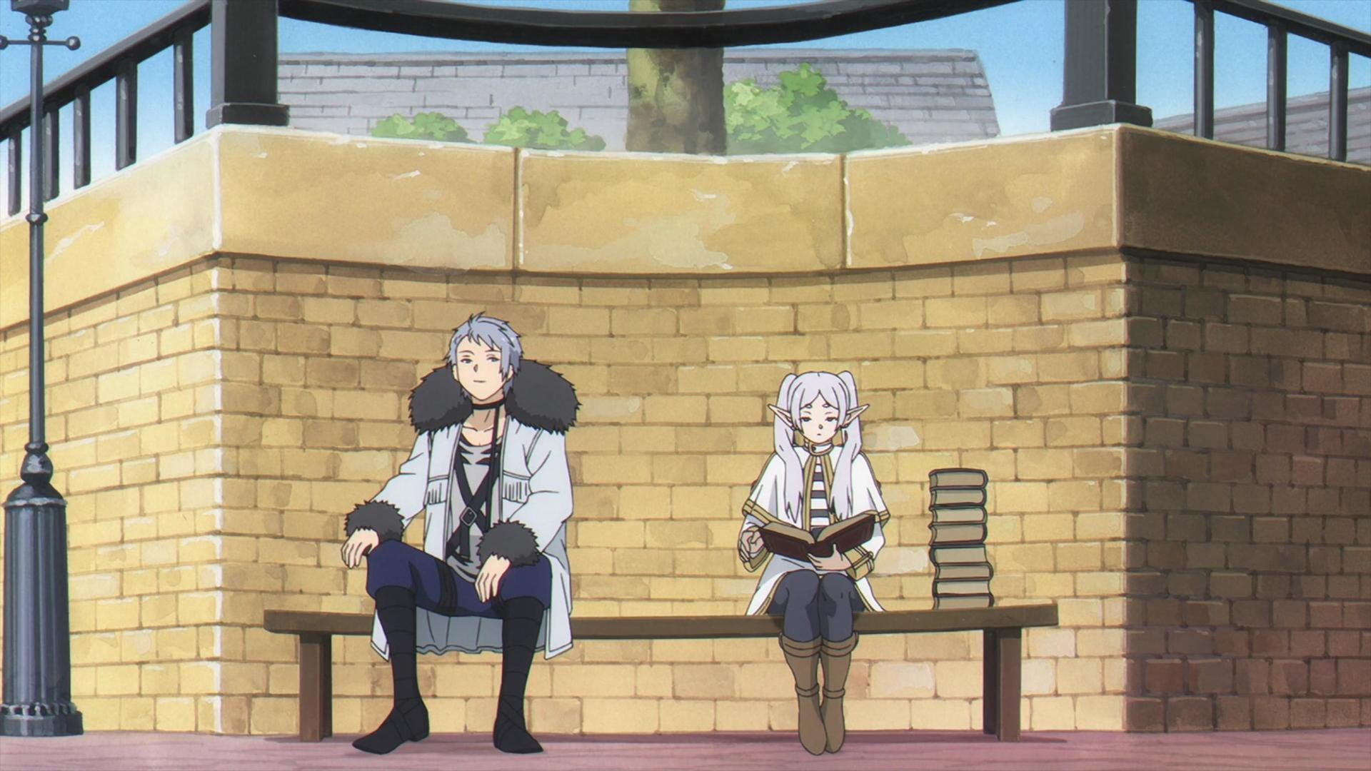 Zwei Anime-Charaktere auf einer Bank. Einer liest ein Buch. Backsteinmauer und Himmel im Hintergrund.