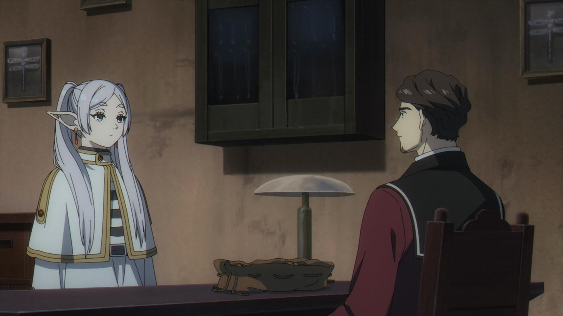 Anime-Charaktere, ein Elfmädchen und ein Mann, sind in einem Raum. Die Szene ist drinnen, mit einem Tisch.