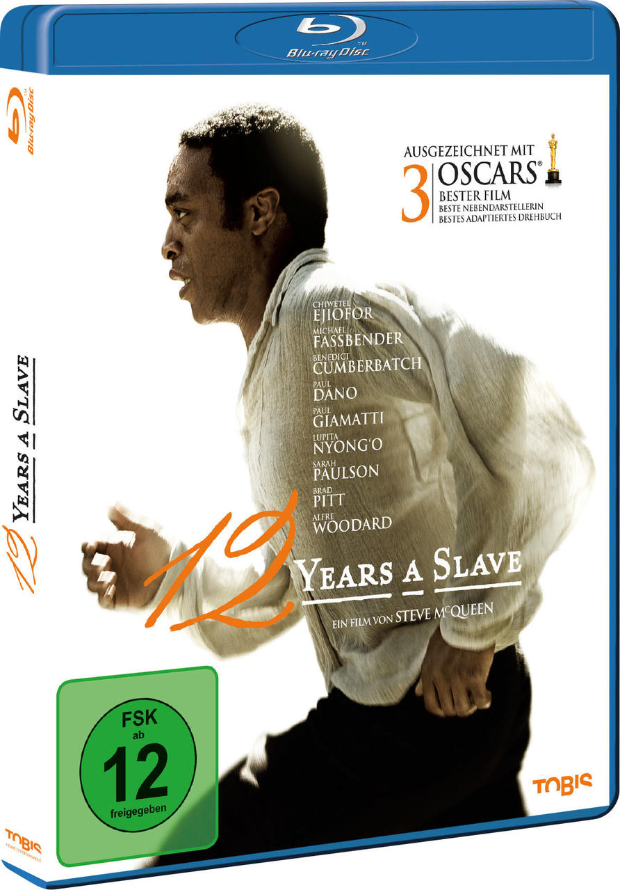 Filmposter für 12 Years a Slave, mit einem rennenden schwarzen Mann. Enthält Text und Auszeichnungen.