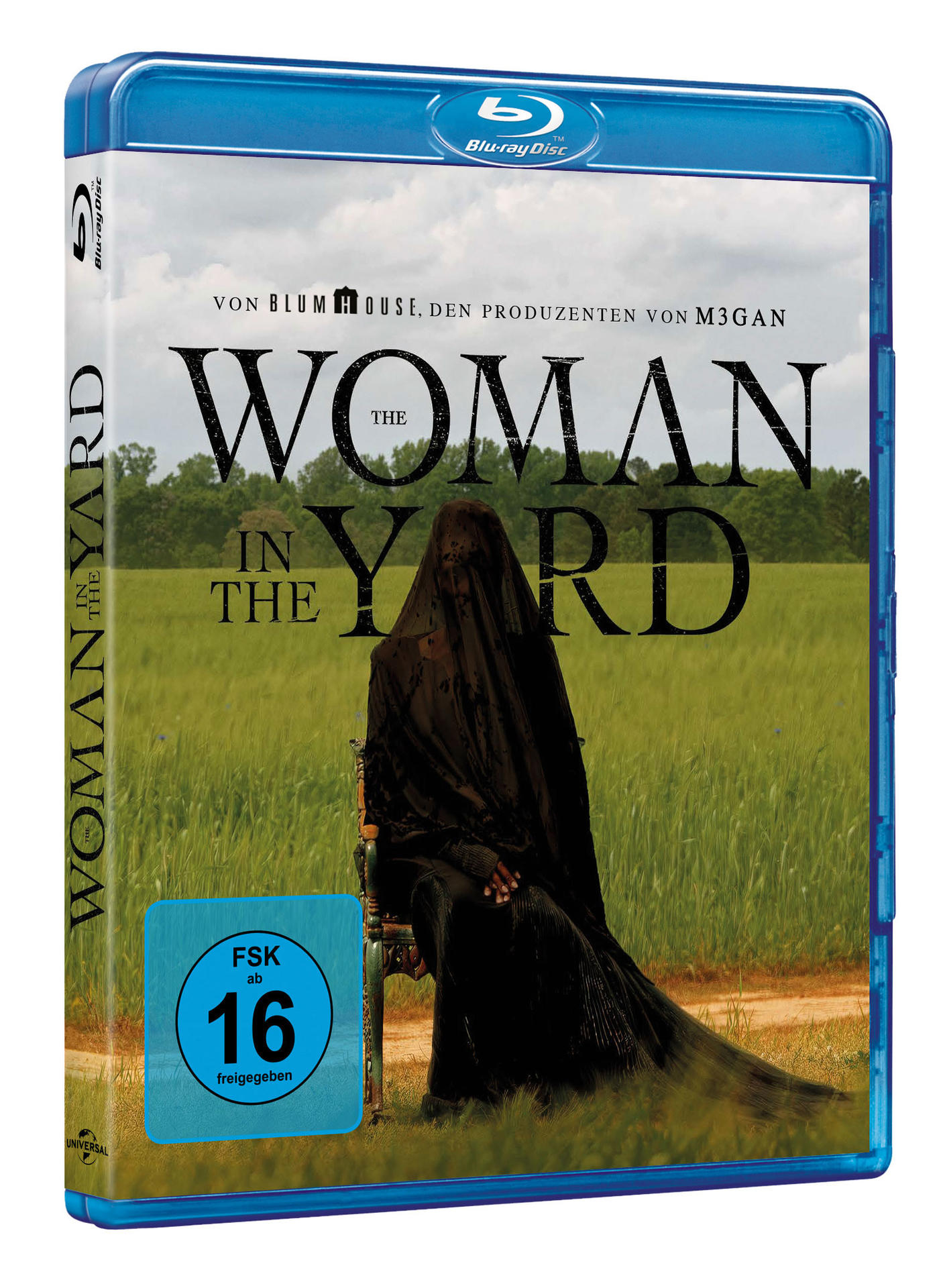 Blu-ray-Cover: Titel "The Woman in the Yard", eine Frau mit schwarzem Schleier sitzt auf einem Feld.