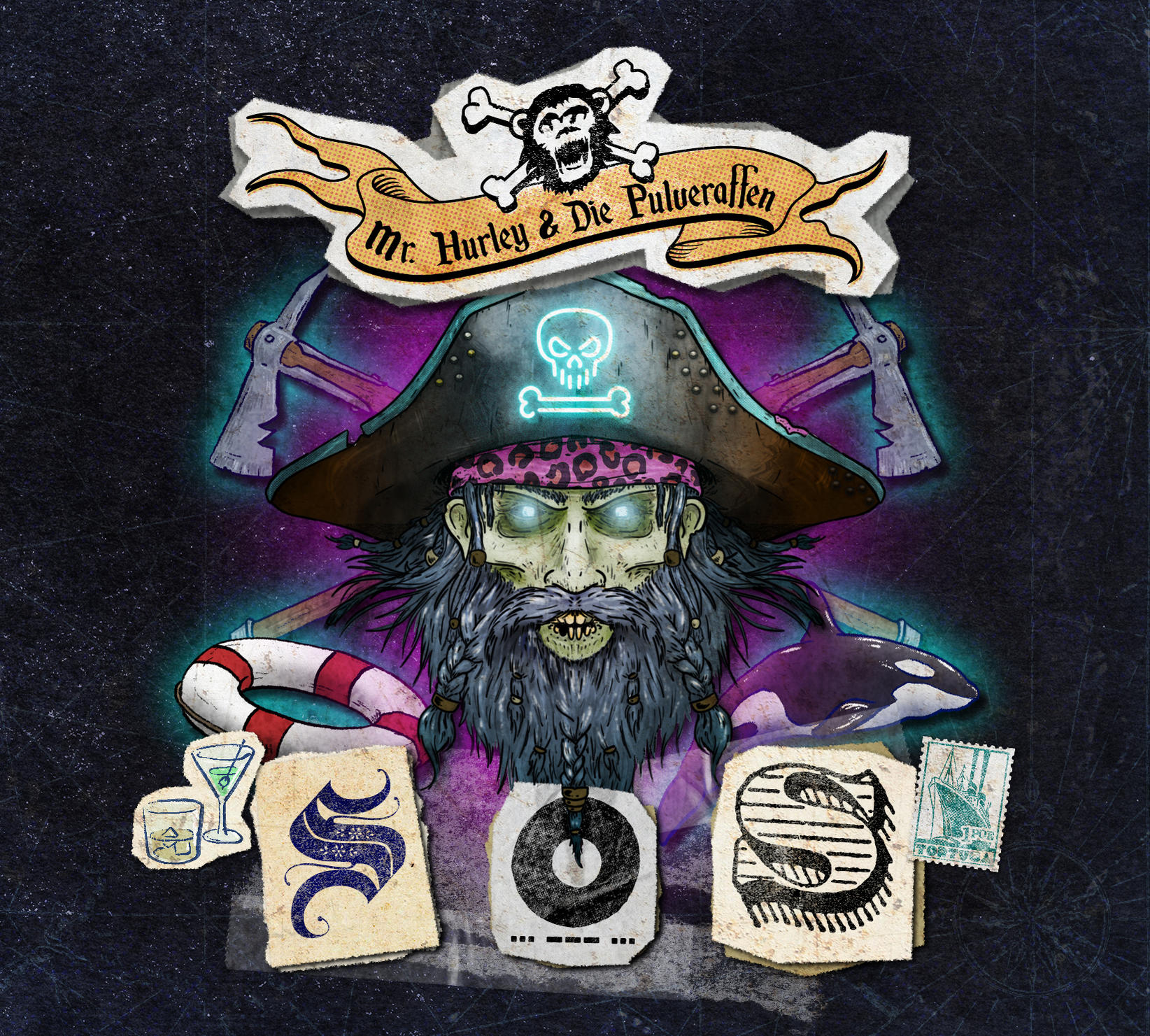Eine Illustration eines Piraten mit Totenkopfhut, umgeben von Piraten-Themen und einem Affenbanner.