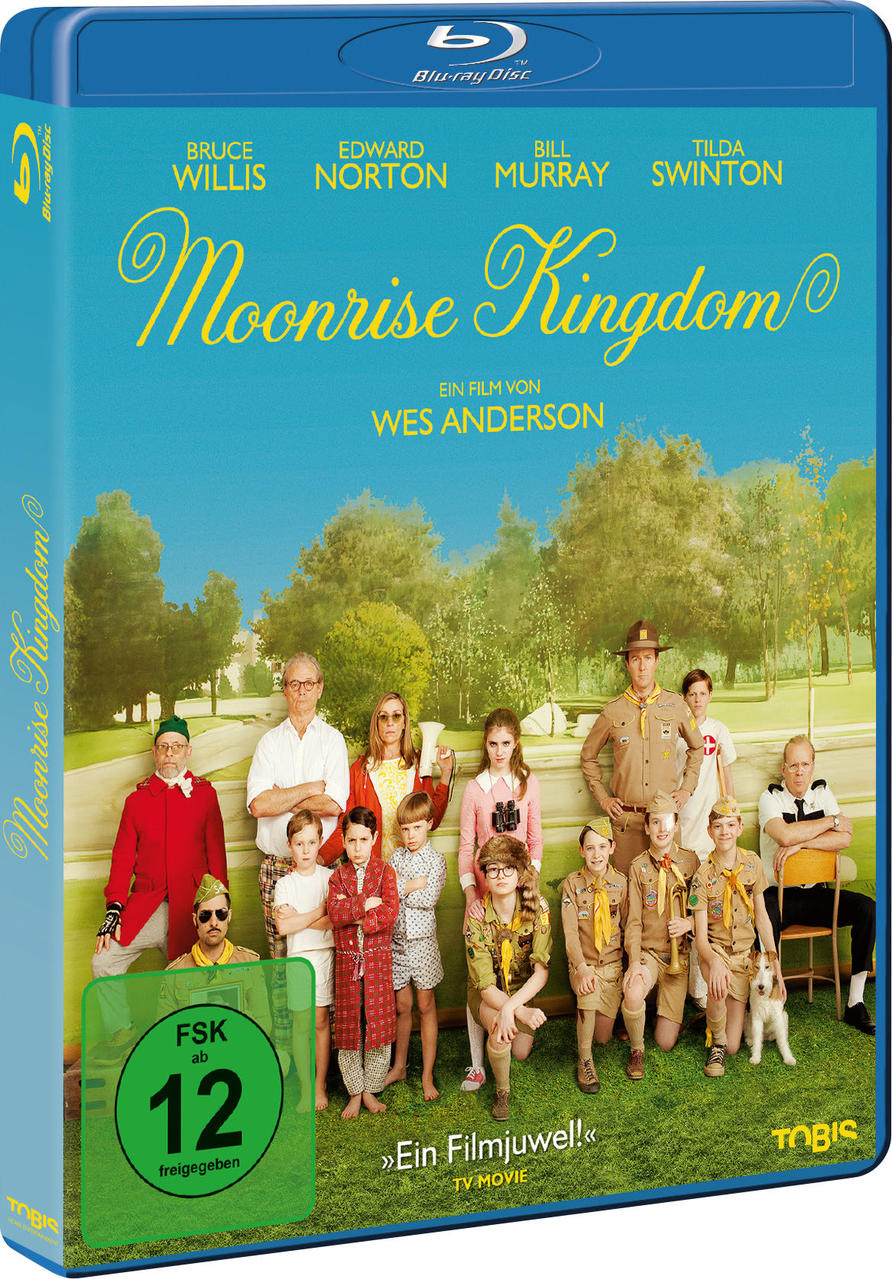 Eine Filmhülle mit einer Gruppe von Leuten auf dem Cover. Der Titel ist Moonrise Kingdom.