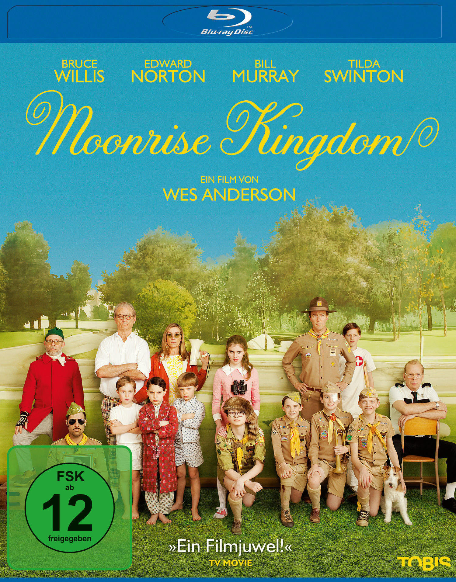Filmposter: Moonrise Kingdom, mit Besetzung und Crew. Ein blauer Hintergrund.