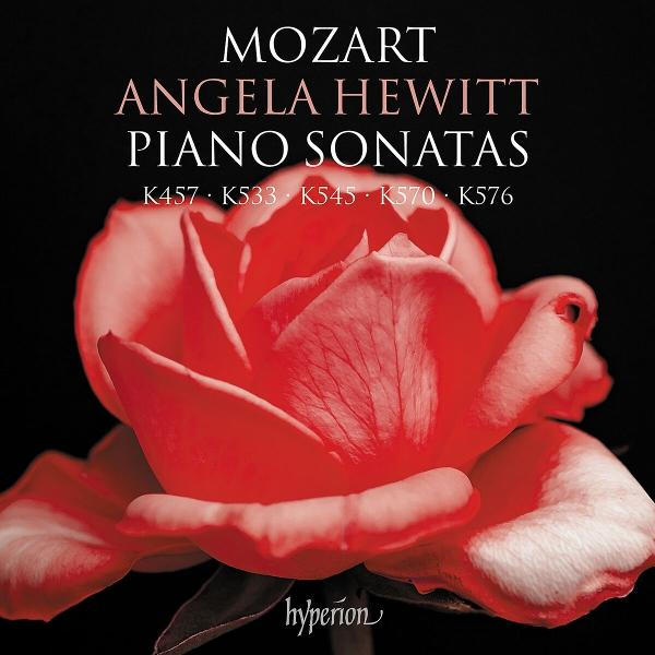 Albumcover. Eine rote Rose mit dem Text: MOZART ANGELA HEWITT PIANO SONATAS.