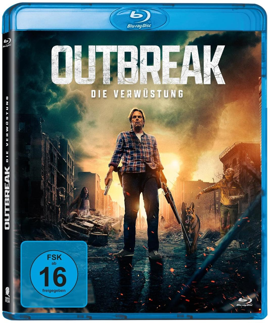 Filmcover: 'Outbreak' in Blau mit einem Mann mit Waffen und einem Hund, inmitten der Zerstörung.