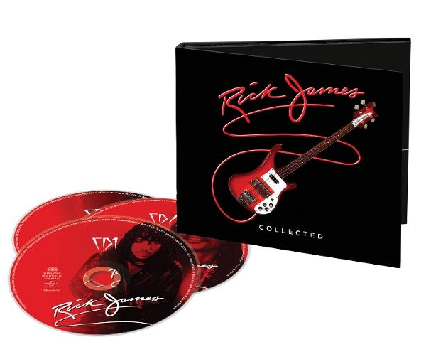 Rick James 'Collected' Albumcover mit drei CDs. Das Album zeigt eine rote Gitarre und Text auf schwarzem Hintergrund.