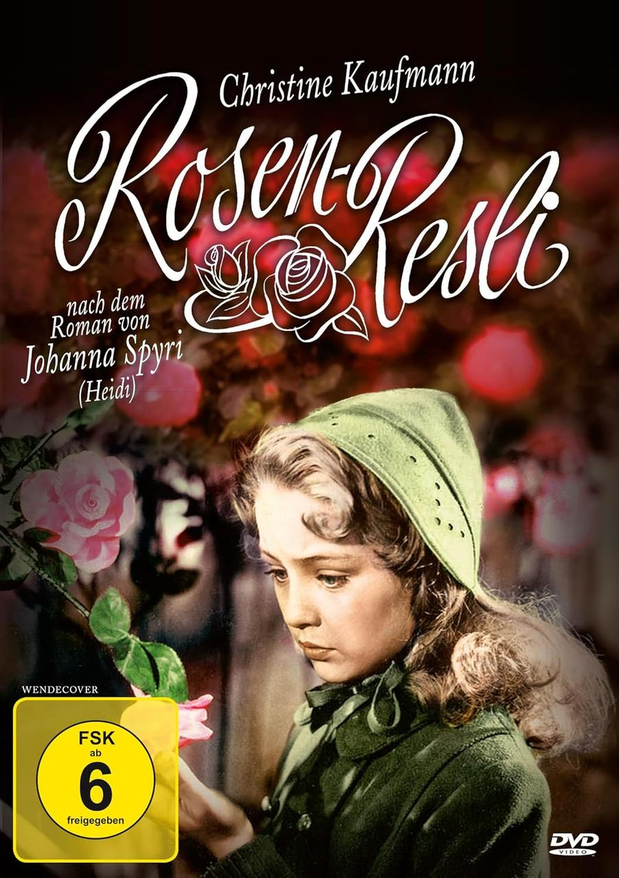 Filmposter, Christine Kaufmann mit grüner Haube, Rose und Text 'Rosen-Resli'.