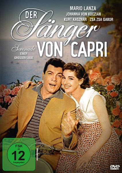 Filmposter für "Der Sänger von Capri" mit Mario Lanza und einer lächelnden Frau in Küstenkulisse.