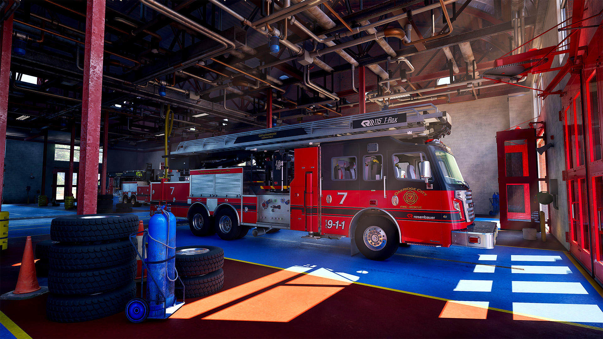 Feuerwehrwagen in einer Feuerwache. Roter Wagen mit der Nummer 7.