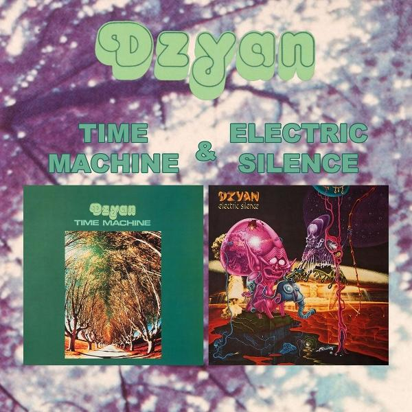 Albumcover mit Text: Dzyan, Time Machine & Electric Silence. Grüne und rosa Grafiken.