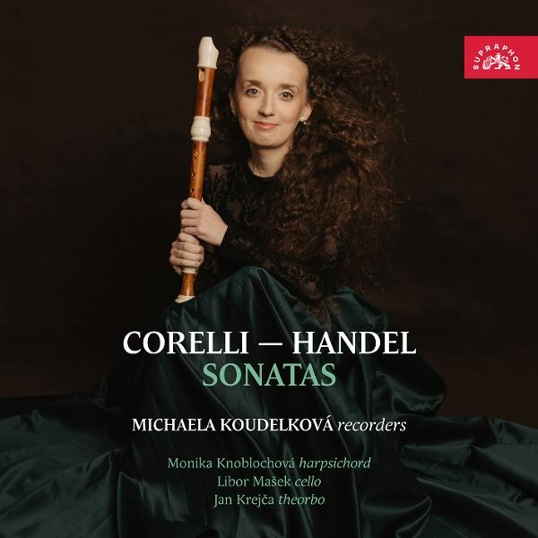Frau mit Blockflöte und Text 'Corelli - Händel Sonaten' und Namen.
