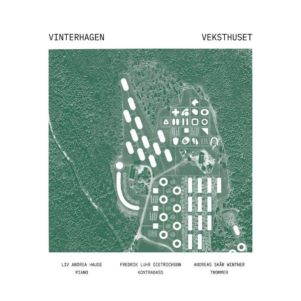 Vogelperspektive einer grünen Landschaft mit einem weiß-grünen architektonischen Design.