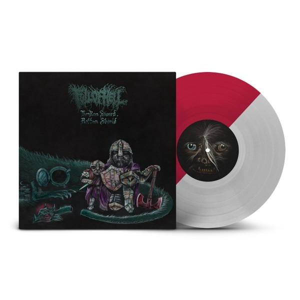 Albumcover mit einer Zeichnung von Figuren, einem Drachen und einer rot/weißen Vinylplatte.