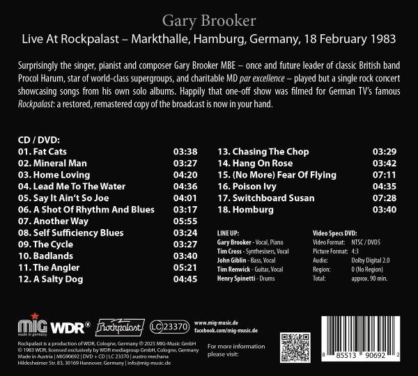 Ein CD-Cover mit einer Liste der Live-Tracks von Gary Brooker aus dem Jahr 1983, mit Text und einem Foto.
