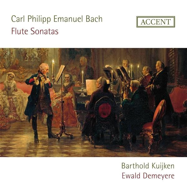 Mann spielt Flöte, andere Musiker spielen Instrumente in einem Raum. Titel: Flötensonaten.
