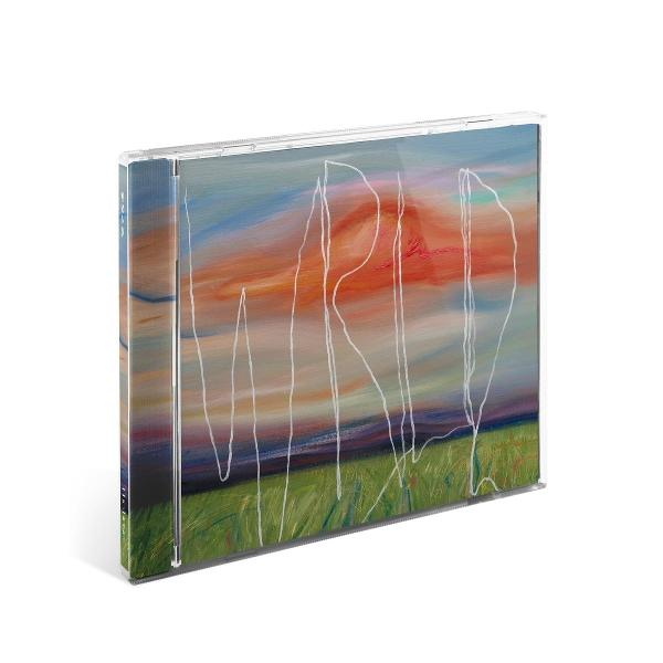 CD-Hülle mit abstrakter Kunst eines Sonnenuntergangs über einem Feld mit weißer Linienkunst.