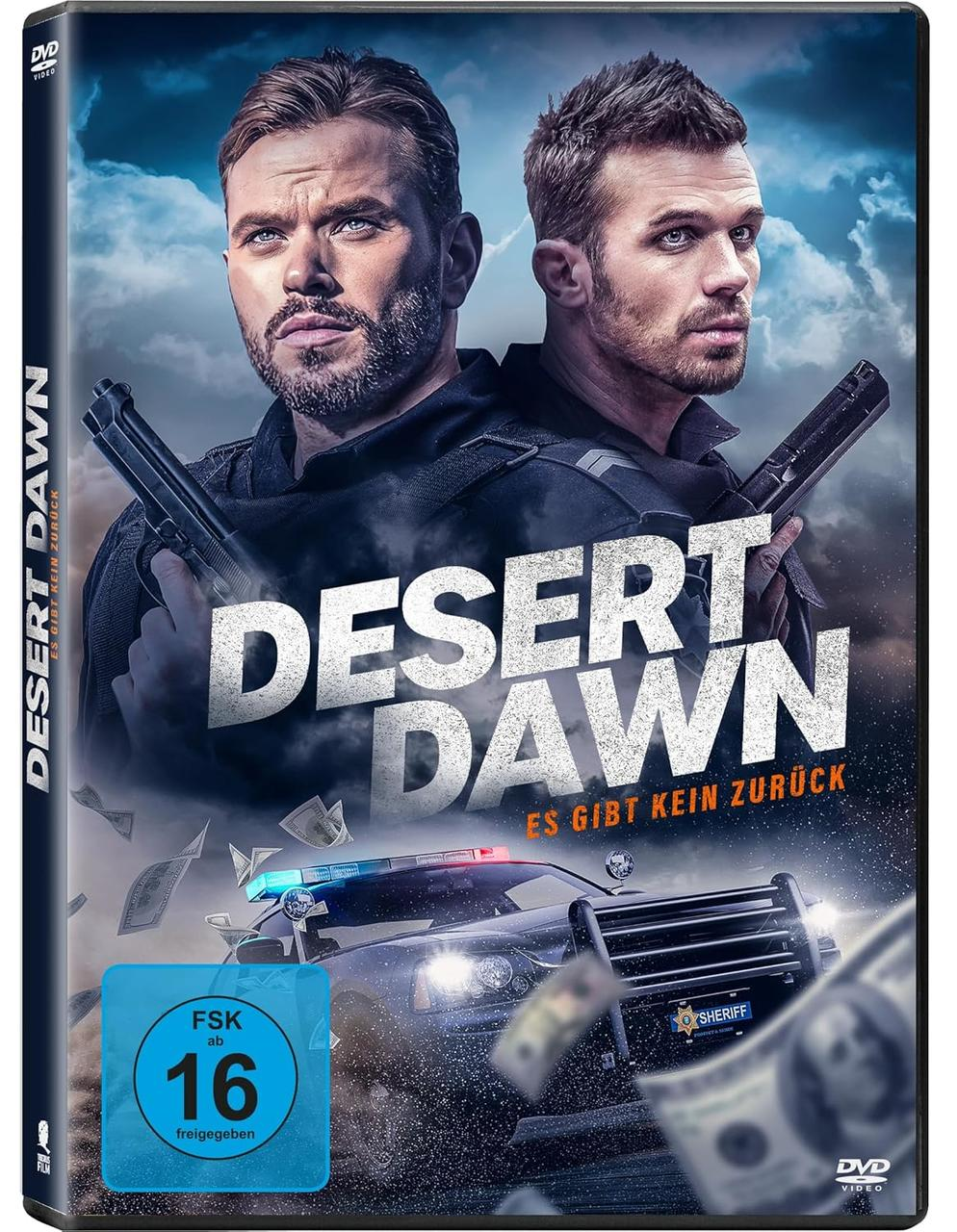Ein DVD-Cover für "Desert Dawn" mit zwei Männern mit Waffen und einem Polizeiauto.