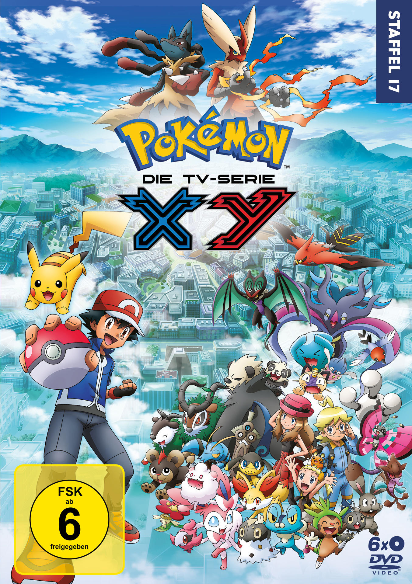 Pokemon DVD-Cover mit Ash und Pikachu, verschiedenen Pokemon und einem Stadtbild im Hintergrund.