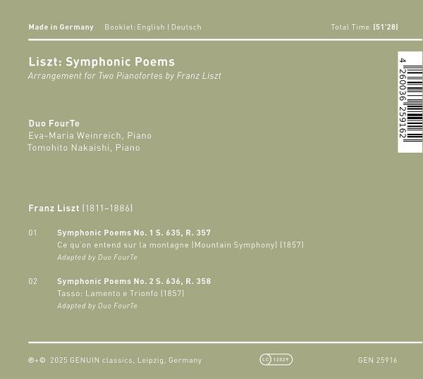 Rückseite einer CD-Hülle, mit Titelliste und Credits für das Album 'Liszt: Symphonic Poems'. Grüner Hintergrund.