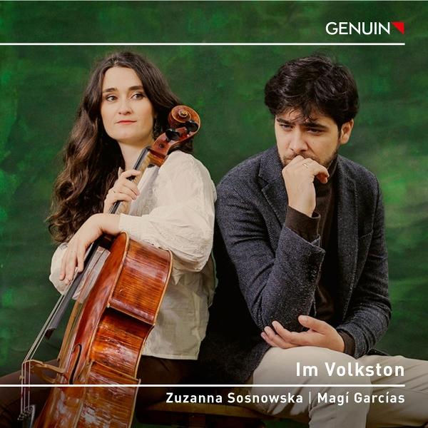 Zwei Musiker, Frau mit Cello und Mann mit Hand am Kinn, betitelt 'Im Volkston'.