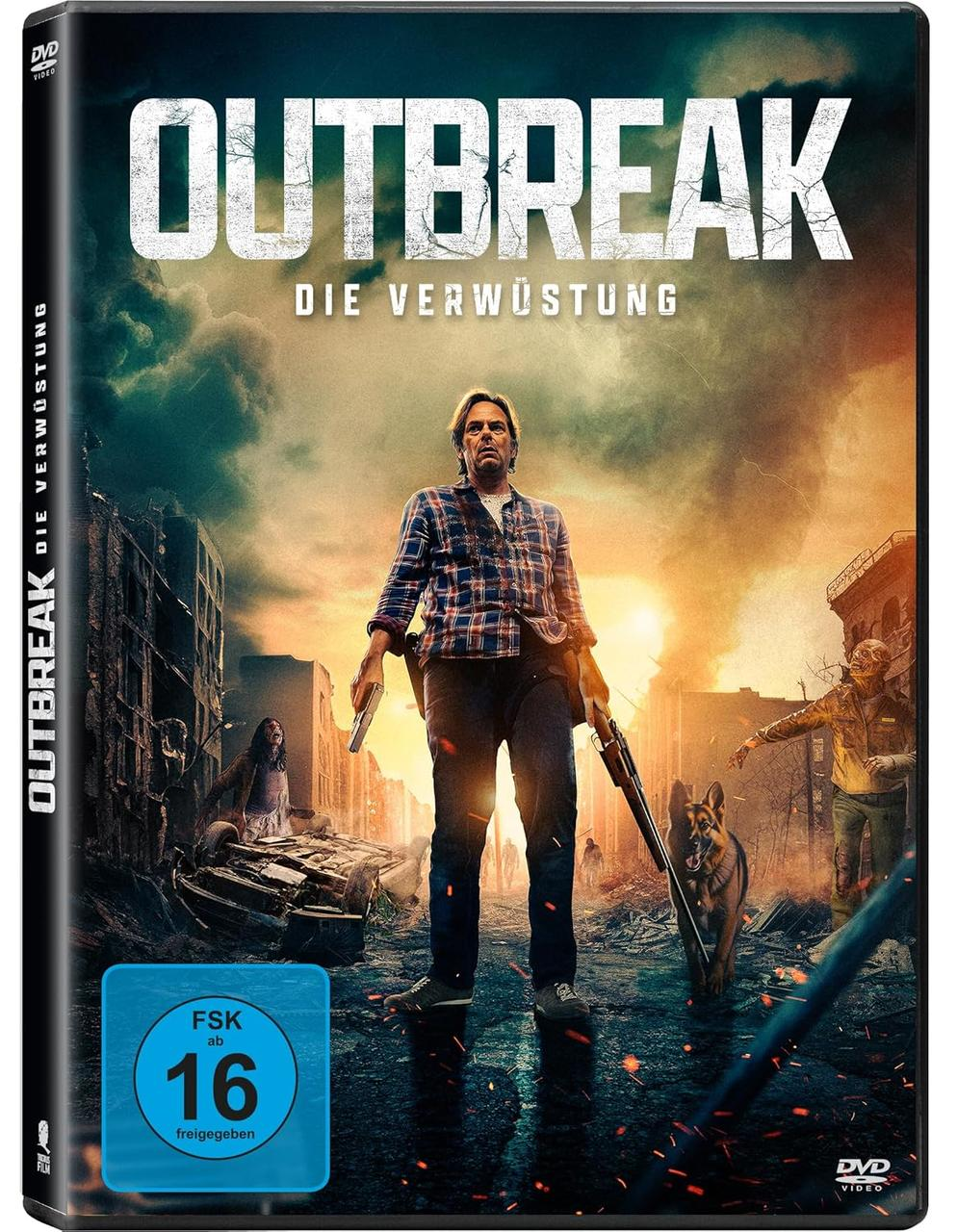 DVD-Cover mit einem Mann mit Waffe und Hund, in einer postapokalyptischen Umgebung.