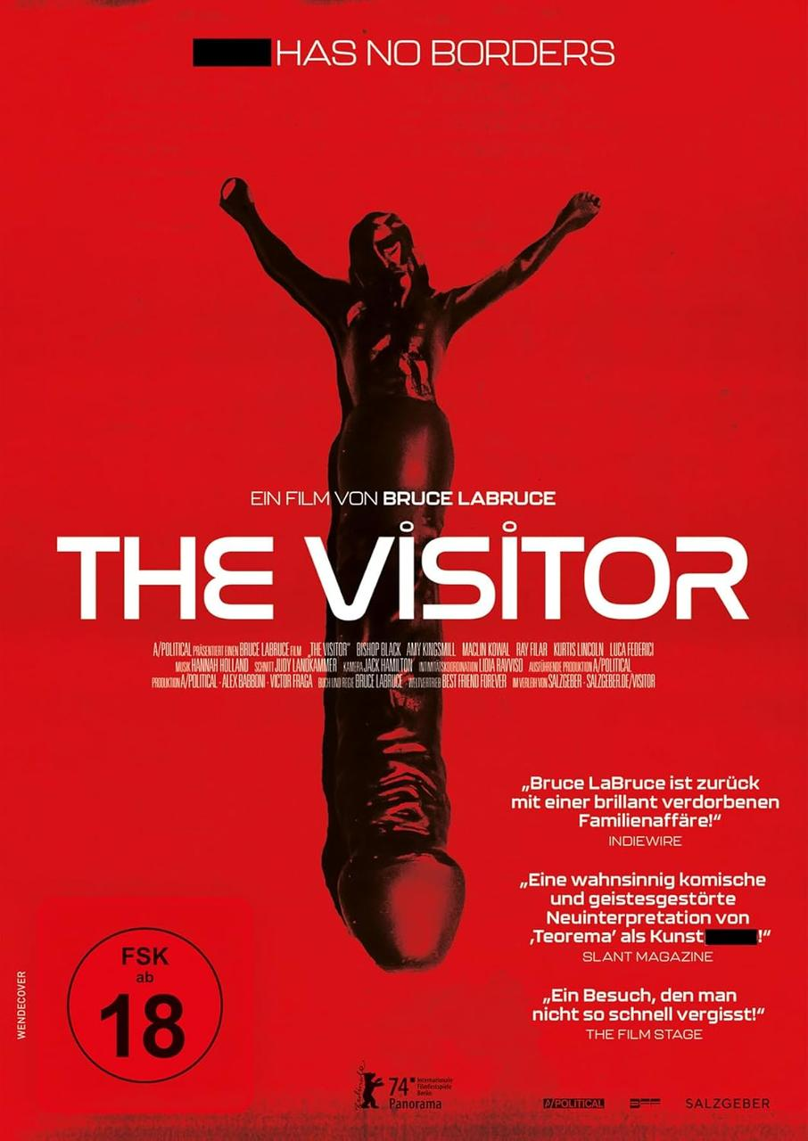 Filmposter mit rotem Hintergrund und schwarzer Silhouette. Der Titel lautet "THE VISITOR".