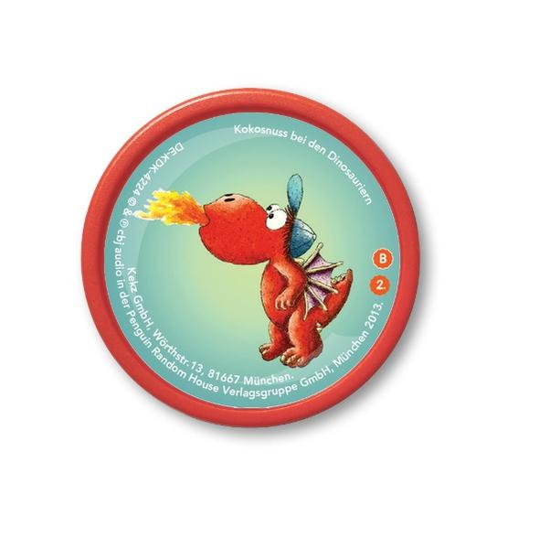 Ein Cartoon-Drache, der Feuer speit, auf rundem, rotem Hintergrund mit Text.