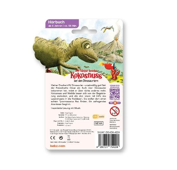 Rückseite eines Kinderbuchcovers mit Dinosaurier-Illustration und Text in deutscher Sprache.