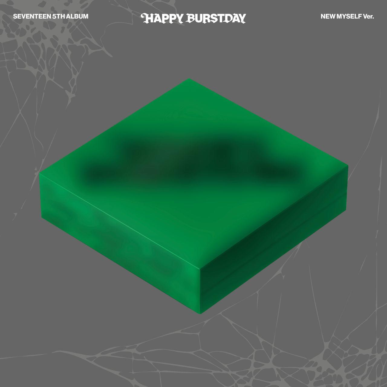 Albumcover: Ein grüner Würfel auf grauem Hintergrund mit Spinnweben. Text lautet 'HAPPY BURSTDAY'.