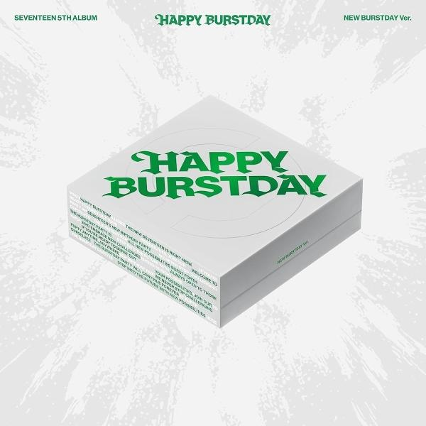 Eine weiße Box mit den grünen Worten 'HAPPY BURSTDAY' und anderem Text auf der Box.