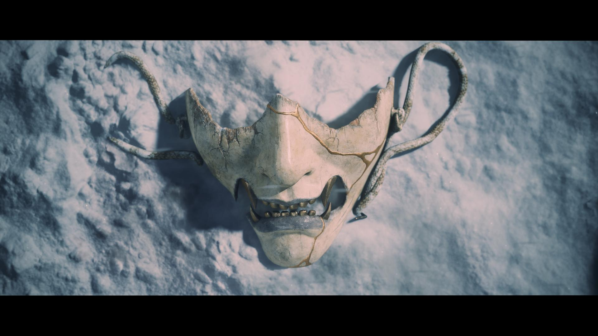 Eine weiße Maske mit einem abgenutzten Aussehen, mit einem Schnee Hintergrund.