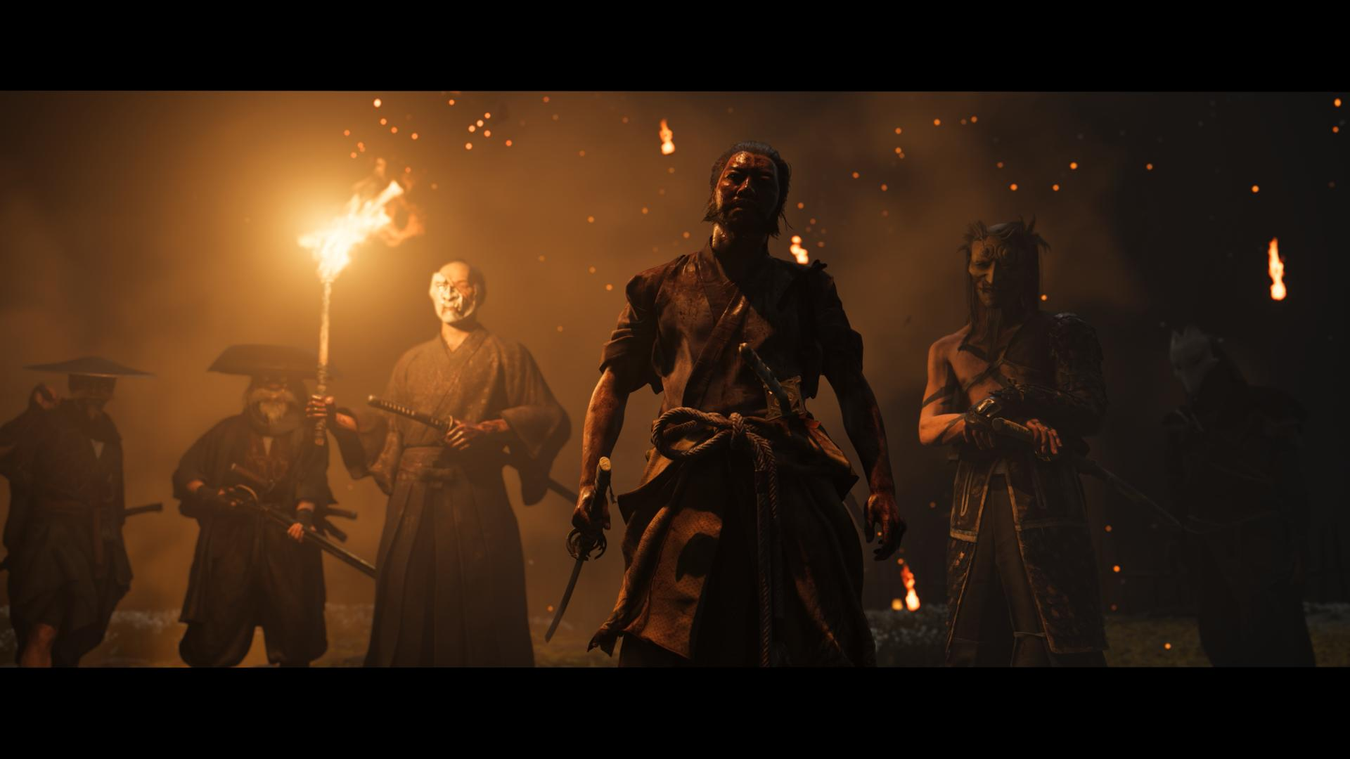 Samurai-Krieger stehen im Dunkeln bei Fackellicht, umgeben von Funken.