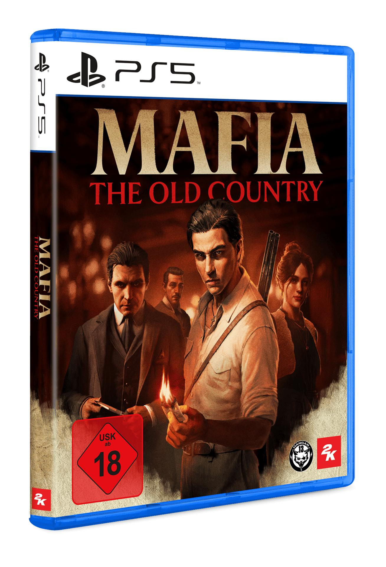 PS5-Spielhülle von Mafia: The Old Country mit vier Männern und einer Frau.