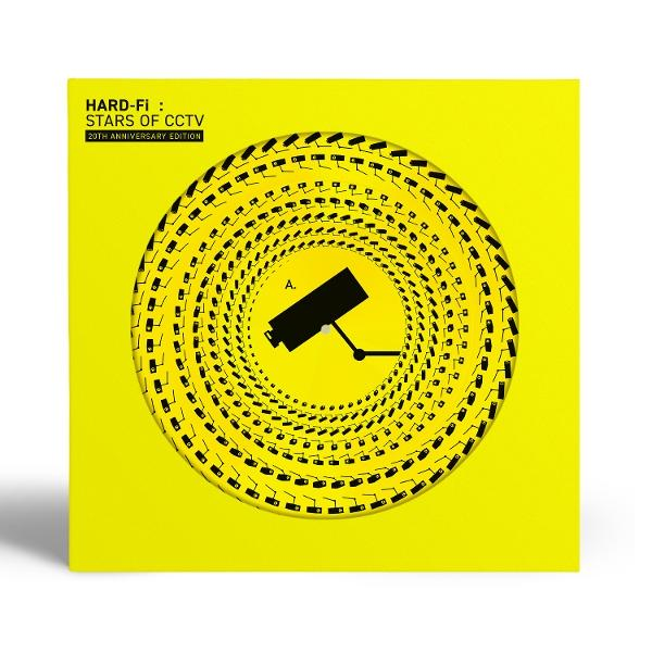 Gelbes Albumcover: schwarzes CCTV-Kamera-Design in einer Spirale. Text: HARD-FI, STARS OF CCTV.