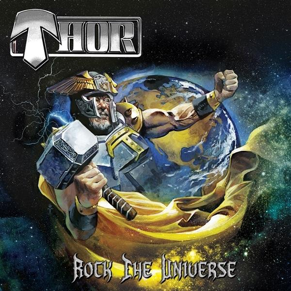 Albumcover mit einem muskulösen Mann, der einen Hammer vor einem Globus hält. Das Wort "Thor" steht oben.