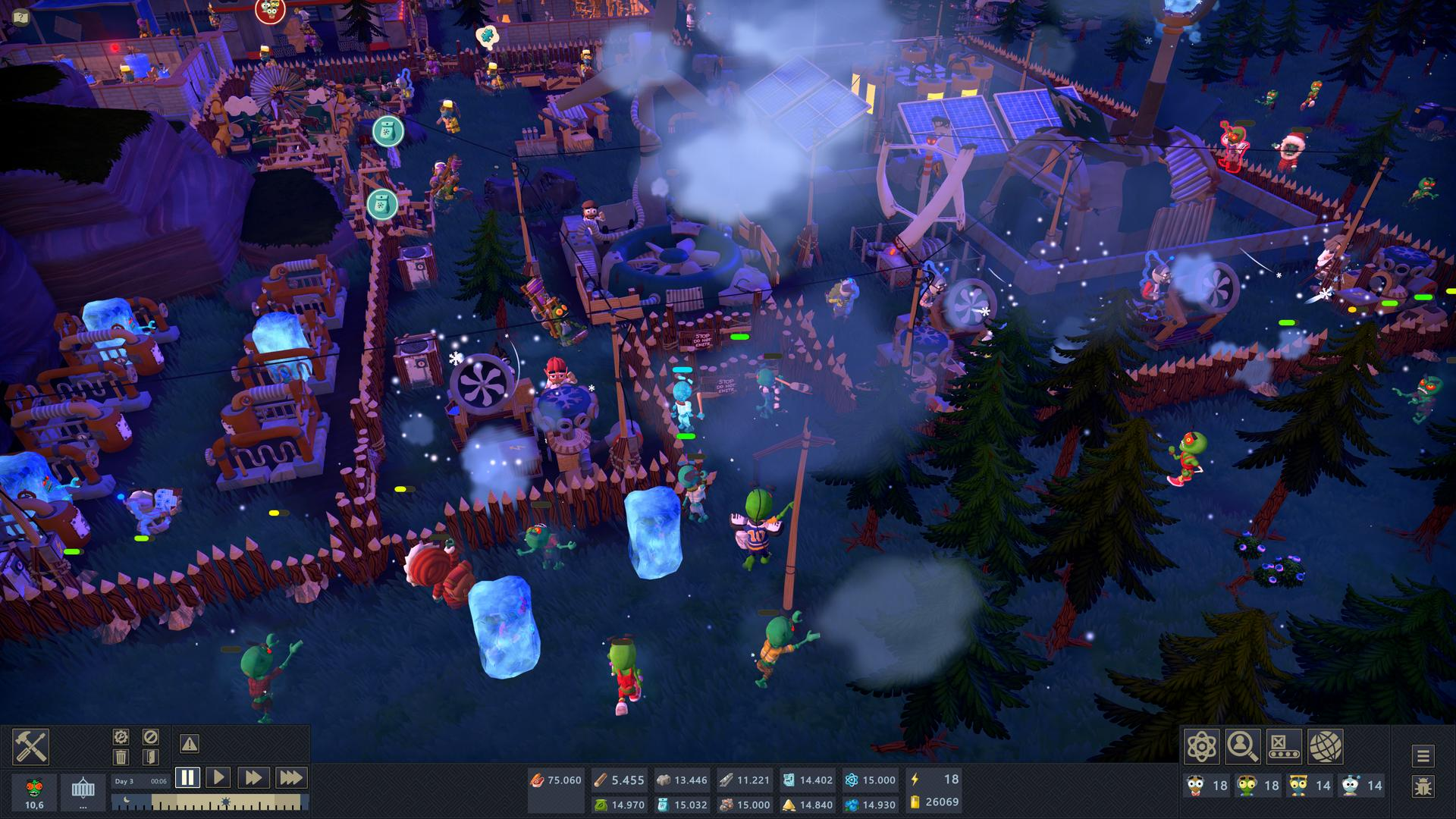 Eine Nachtszene mit Zombies, Gebäuden und einem Industriekomplex mit Rauch.