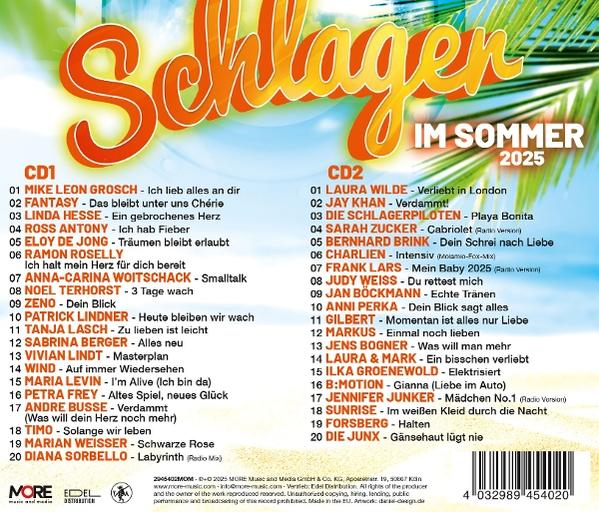 CD-Cover mit Titellisten und Text auf Deutsch. Titel: Schlager im Sommer 2025.