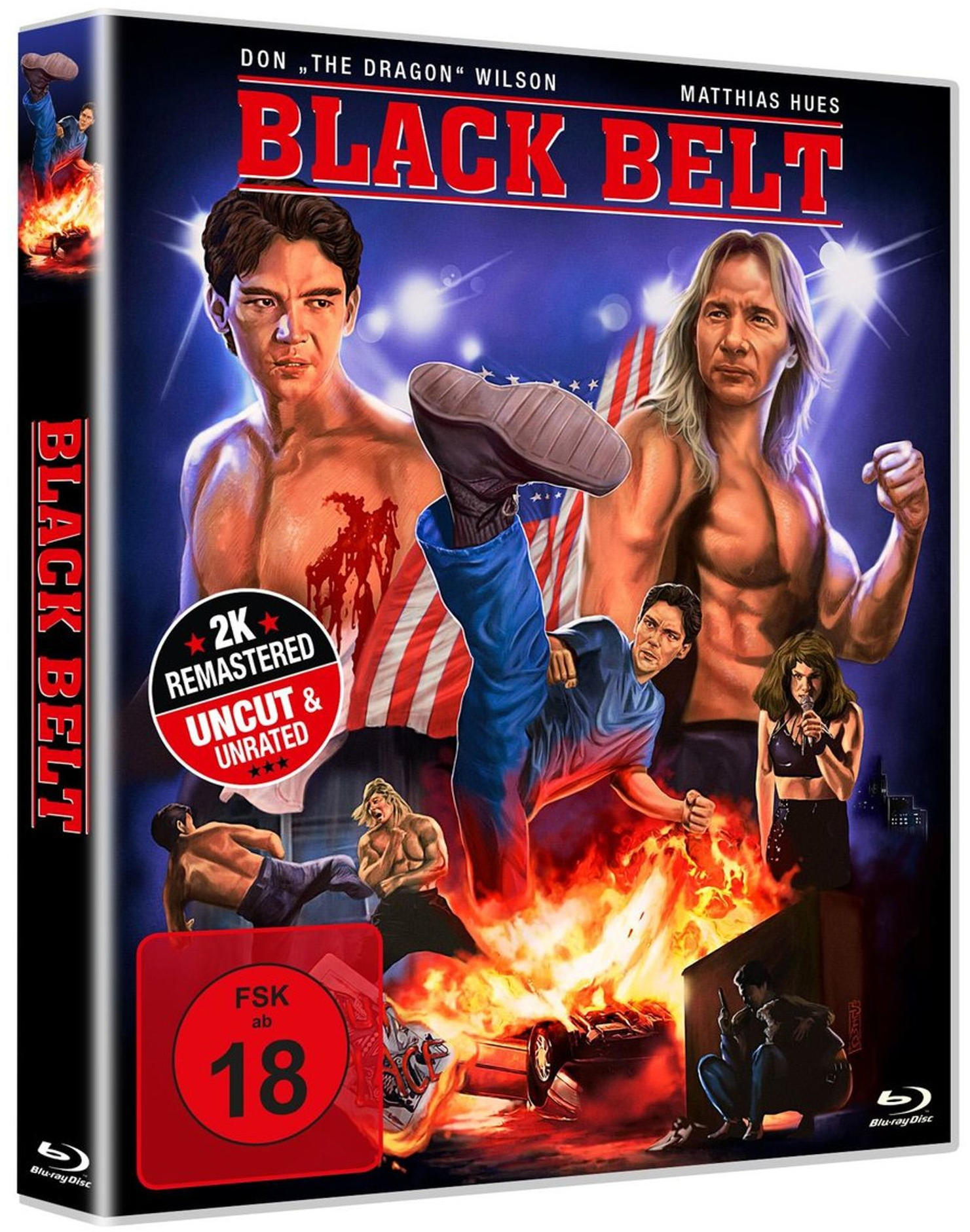 Blu-ray-Hülle für „Black Belt“. Sie zeigt actiongeladene Szenen und die Namen der Schauspieler.