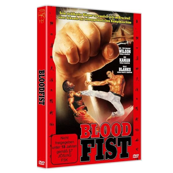 DVD-Cover mit Kampfszene. Ein Mann tritt einen anderen. Text: BLOODFIST.