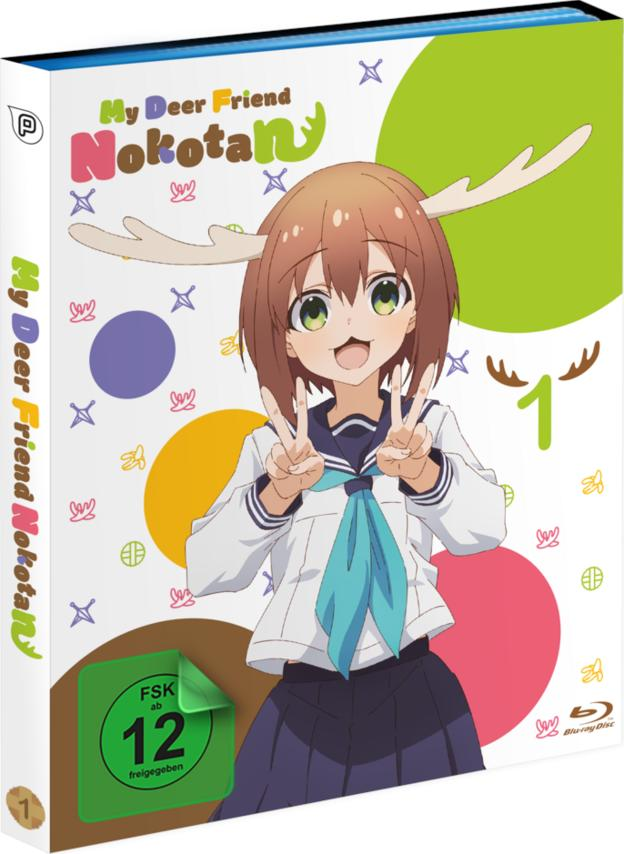 Anime-DVD-Cover mit einem Mädchen mit Hirschgeweih, das ein Friedenszeichen macht. Bunte Kreise und ein grünes Banner.