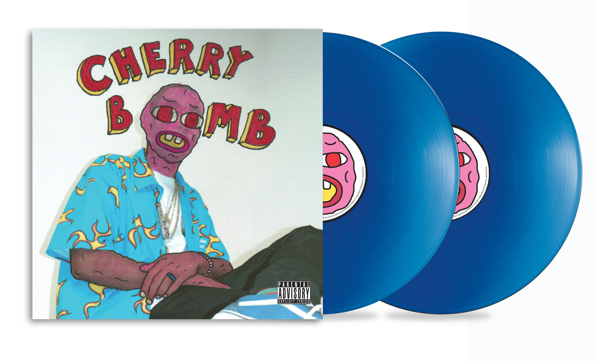 Albumcover mit einem Cartoon-Gesicht, zwei blaue Vinyl-Schallplatten auf weißem Hintergrund.
