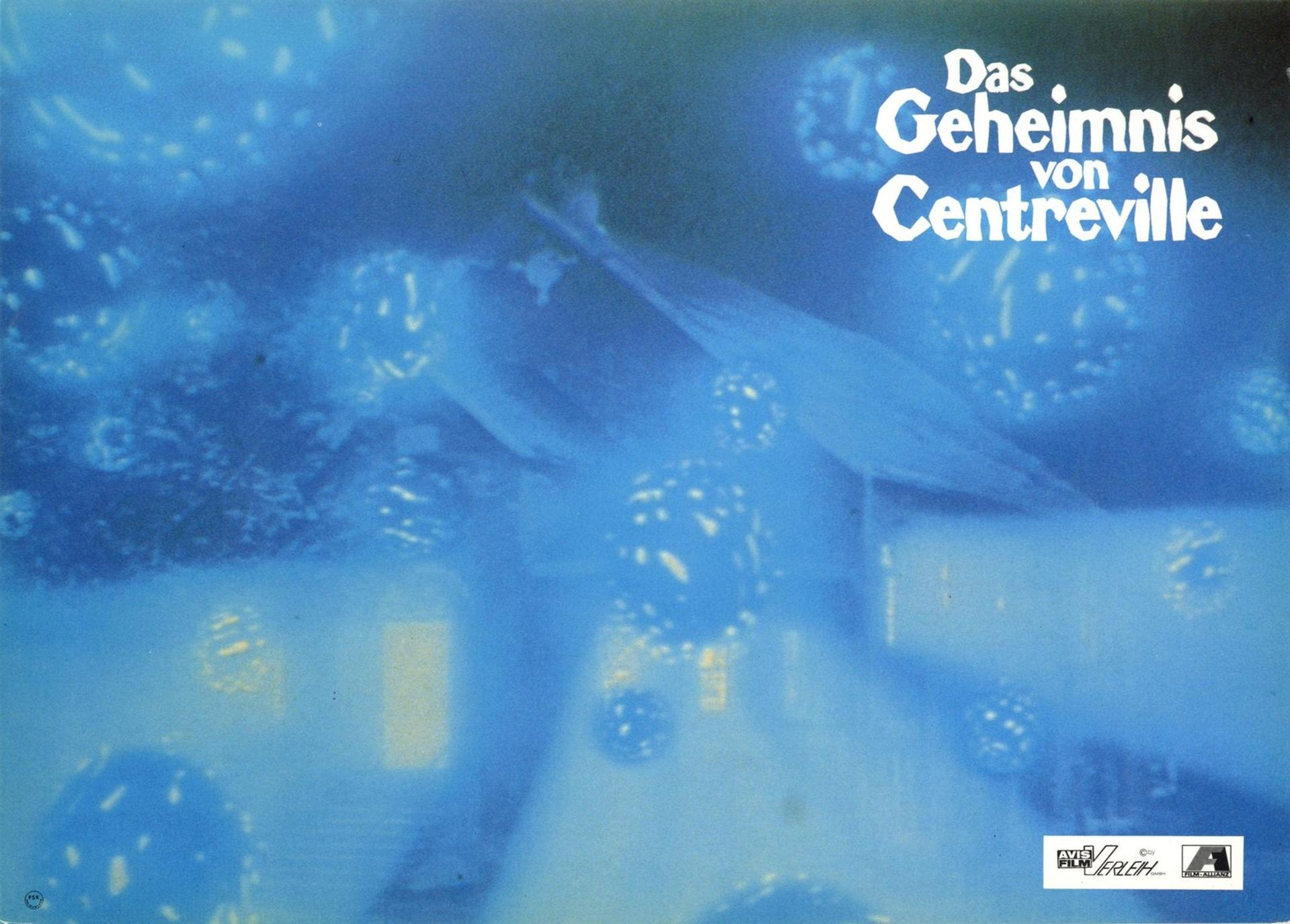 Blaues, verschwommenes Bild mit Text 'Das Geheimnis von Centreville'. Abstrakte Formen und Lichteffekte.