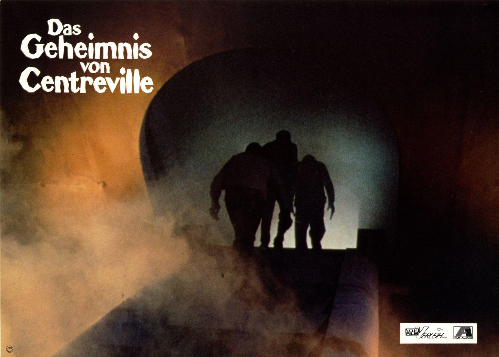 Drei Figuren in Silhouette gehen in eine dunkle Öffnung. Titel: "Das Geheimnis von Centreville".