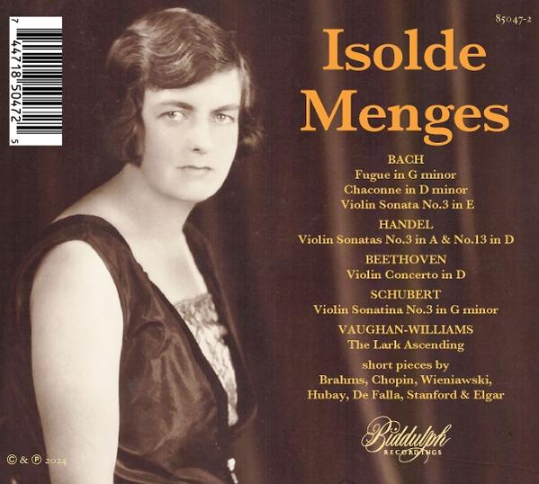 Albumcover: Isolde Menges. Der Text enthält Bach, Händel, Beethoven und Schubert. Eine Frau ist im Bild.
