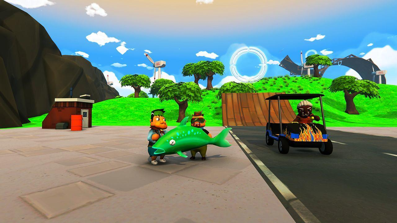 Cartoonfiguren mit einem großen grünen Fisch und einem Golfwagen in einer sonnigen, lebendigen Landschaft.
