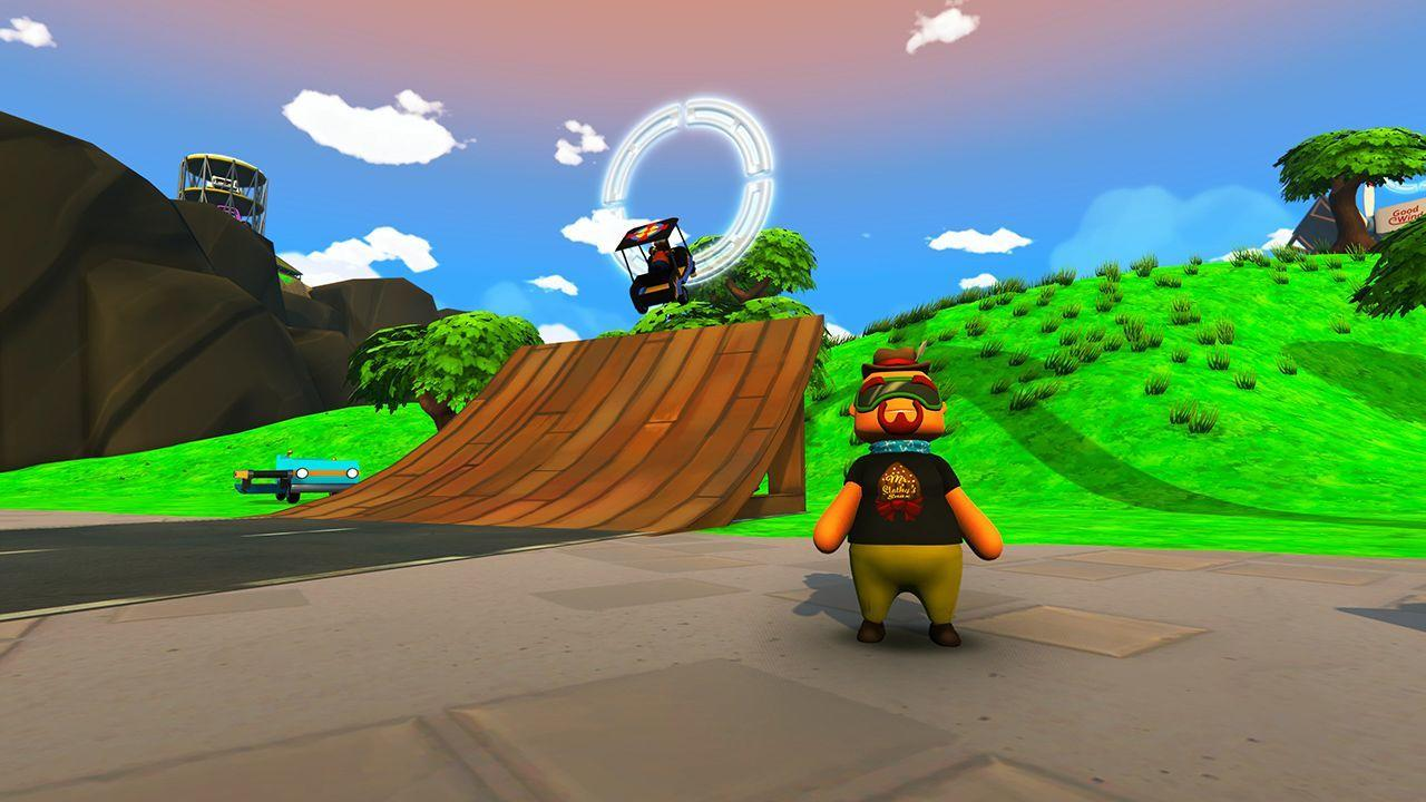 Cartoonfigur auf Skateboardrampe, Loop am Himmel. Grünes Gras, blauer Himmel und ein Auto.