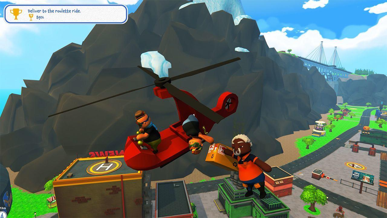 Cartoonfiguren in einem Hubschrauber, die ein Paket über eine Stadt mit einem Berg im Hintergrund liefern.