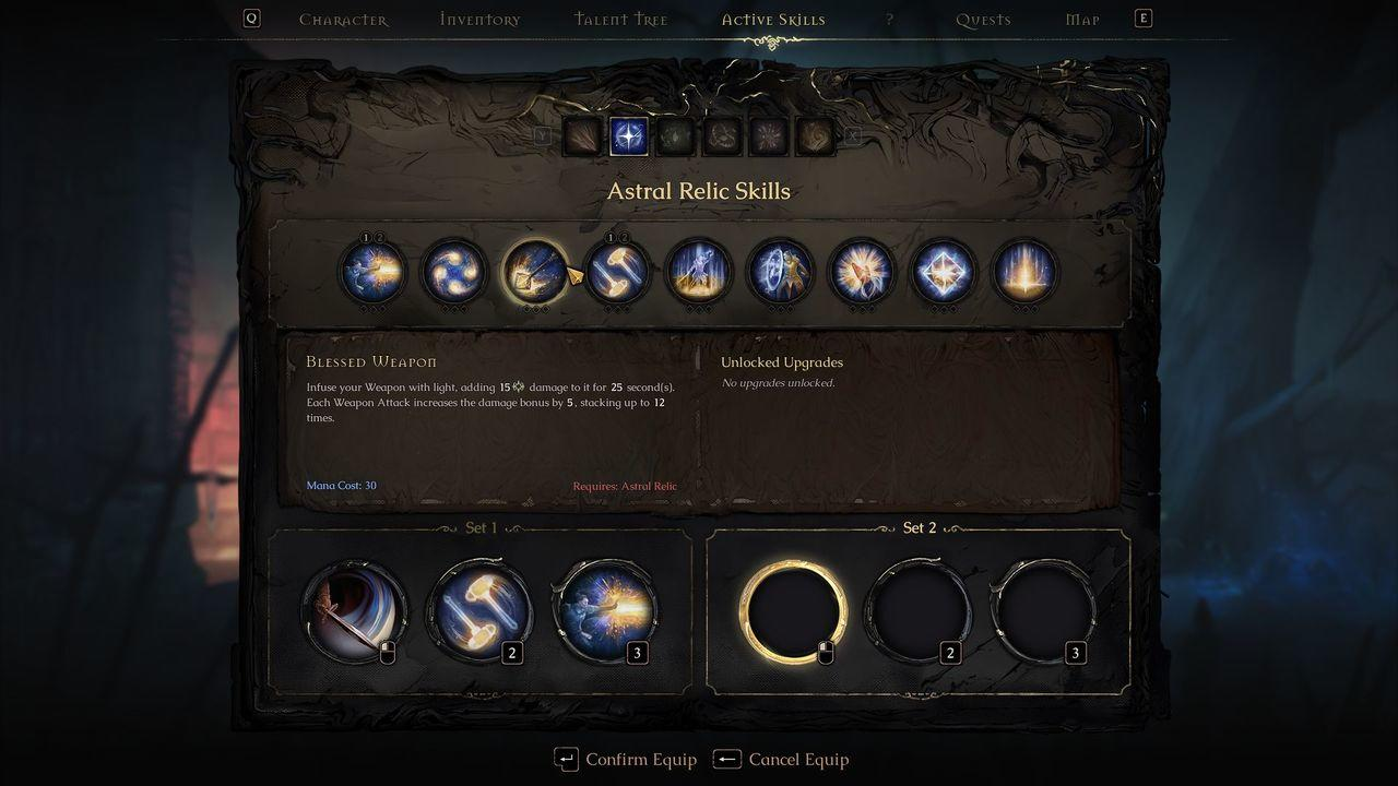Spielbildschirm mit 'Astral Relic Skills'. Verschiedene Fähigkeitssymbole werden mit Textdetails angezeigt.